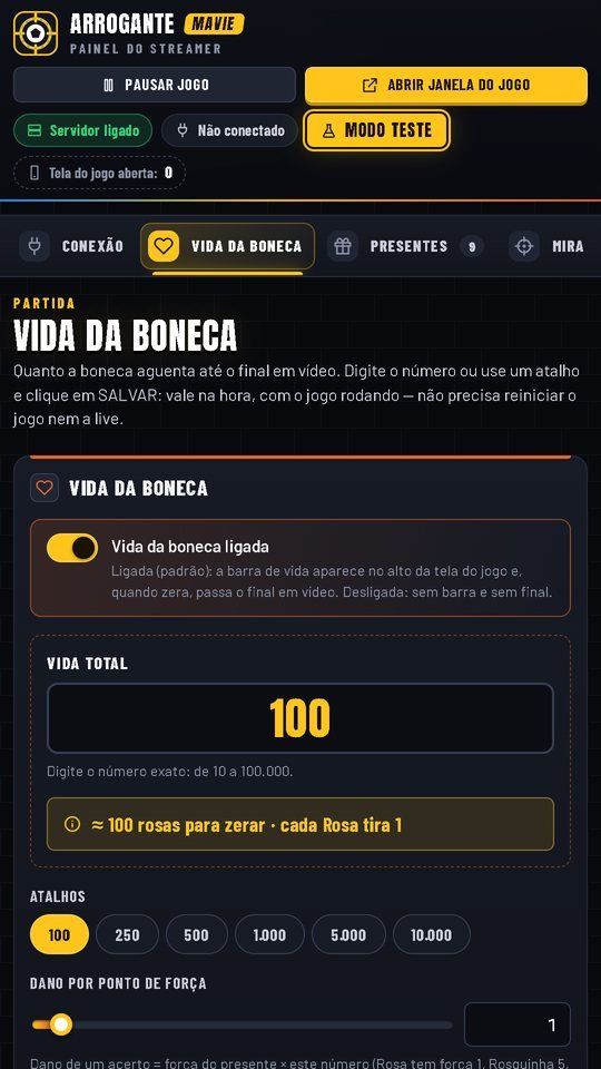 A aba Vida da boneca do painel: a vida total, os atalhos prontos e a conta de quantas rosas zeram a barra