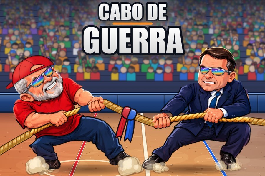 A arte do CABO DE GUERRA PRESIDENTES: os dois personagens puxando a corda, cada um do seu lado, com a torcida atrás