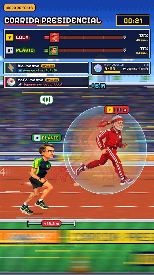 A Corrida de Presidentes em pé: os dois corredores na pista, o placar no alto e os presentes da live virando superarrancada e avanço
