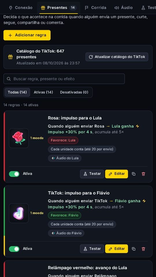 A configuração de presentes da Corrida de Presidentes: cada regra com o presente, o corredor e o efeito, e o botão Testar