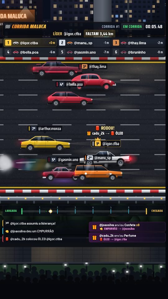 A Corrida Maluca na live: cada carro com o @ de quem comentou em cima, e os presentes virando óleo e empurrão na pista