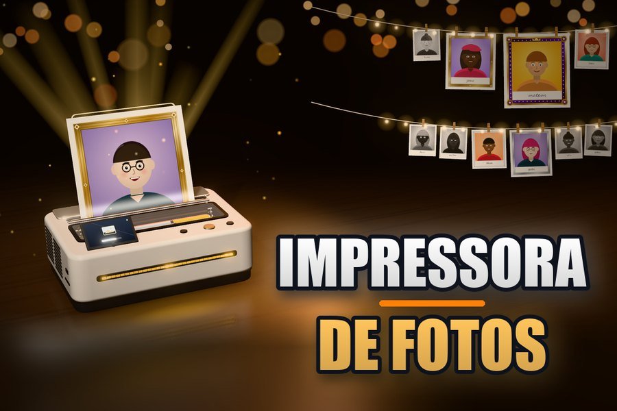 A arte da IMPRESSORA DE FOTOS: a impressora imprimindo uma foto colorida com moldura dourada, e o varal de fotos com luzinhas atrás
