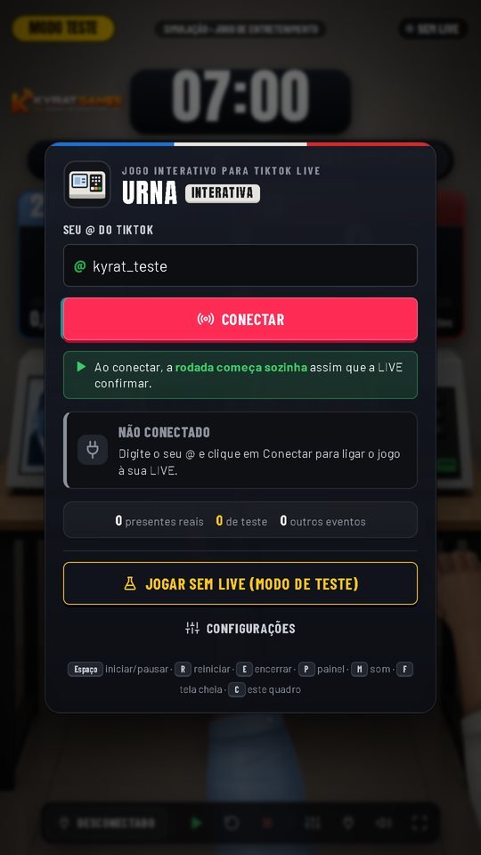 O quadro de conexão da Urna Interativa: o seu @ do TikTok, o botão Conectar e o modo de teste