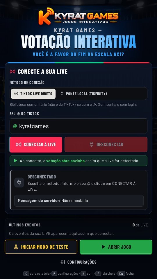 A tela inicial do jogo: o seu @ do TikTok, o botão CONECTAR À LIVE e o modo de teste