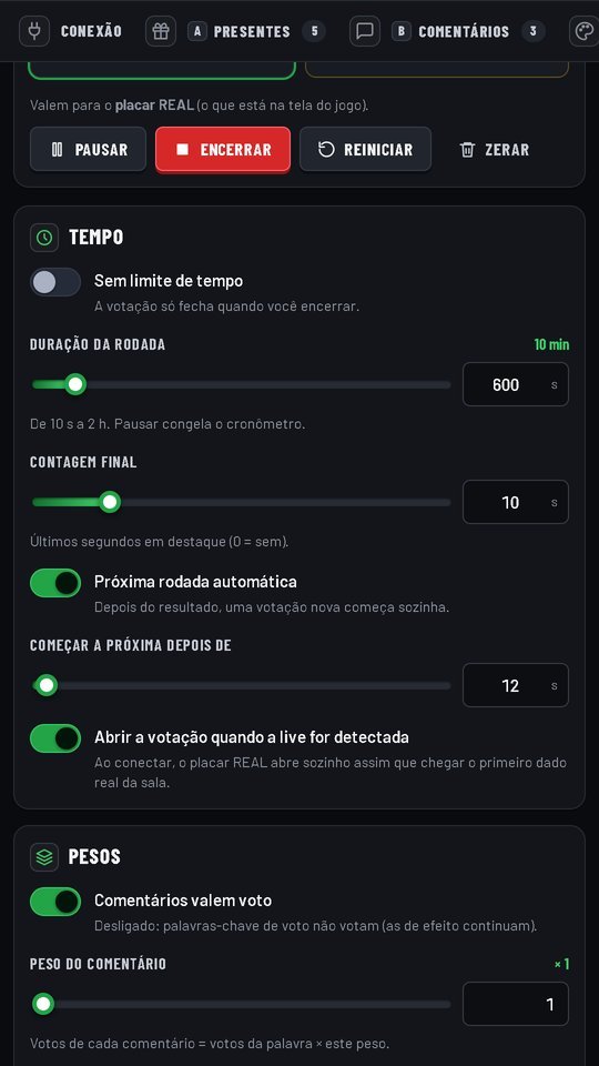 A aba Regras do painel da VOTAÇÃO 6x1: a duração de 10 minutos, a contagem final e a próxima votação começando sozinha