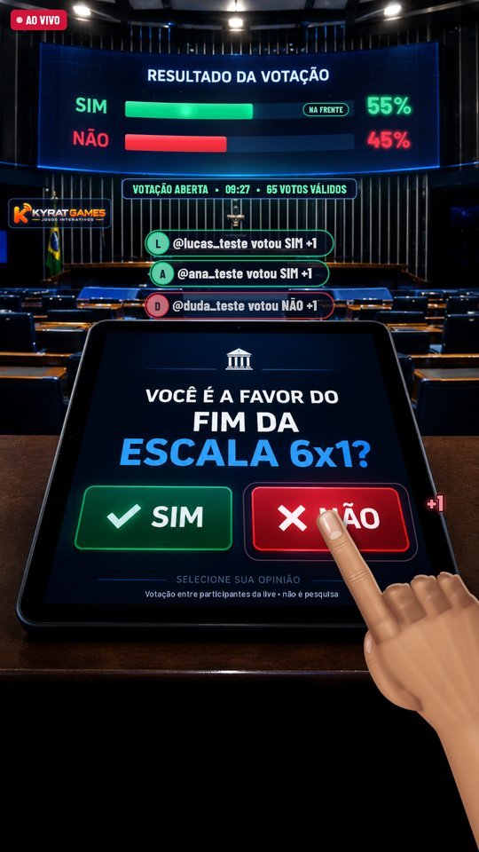 A VOTAÇÃO 6x1 em pé: o plenário, o telão com as barras e a porcentagem de SIM e NÃO, e a mão apertando o botão no tablet